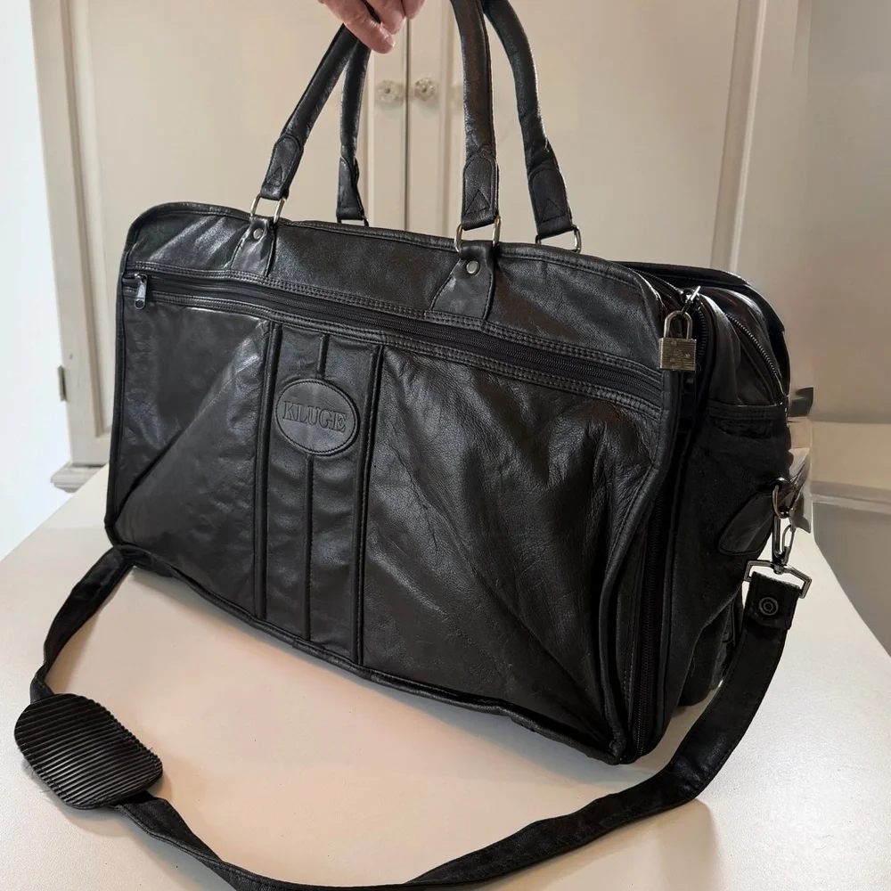 Kluge Black Leather Weekender Travel Bag Carry On Expandable Laptop Briefcase
